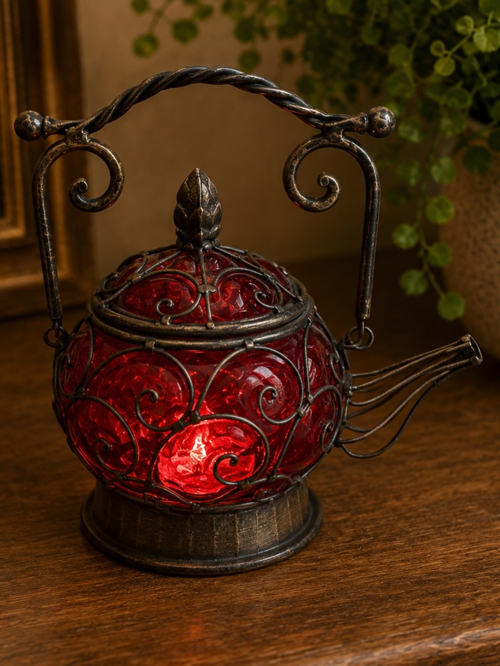 Vintage Ruby Curved Glass With Metal Tea Pot Shaped-lantern Candle